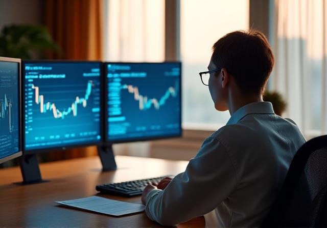 A calm person meditating in front of trading screens